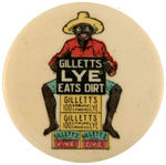 BLACK MAN WITH SIGN AND PRODUCT CRATES OF "GILLETTS LYE" EARLY BUTTON.