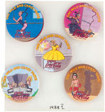 CHERRY COCA-COLA PROBABLE SET OF FIVE ENGLISH CARTOON BUTTONS c.1988.