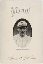 PROFESSIONAL BASEBALL PITCHER HUGH McQUILLAN SIGNED MENU.