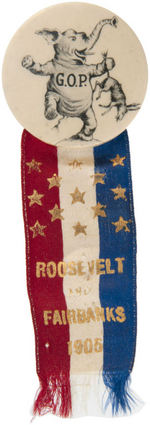 ROOSEVELT 1905 INAUGURAL FIRST BUTTON TO DISPLAY CARTOON ELEPHANT/DONKEY SYMBOLS.