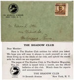 "THE SHADOW CLUB" STUD, CARD & FIRST SEEN ENVELOPE.