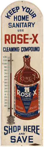 "ROSE-X CLEANING COMPOUND" WOODEN ADVERTISING THERMOMETER.