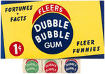 "FLEER'S DUBBLE BUBBLE GUM" TIN SIGN AND THREE GUM PACKS.