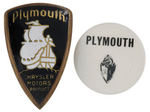 "PLYMOUTH" ENAMEL AND BRASS EMBLEM FROM CAR PLUS RARE BUTTON.