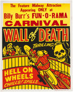 "BILLY BURR'S FUN-O-RAMA CARNIVAL - WALL OF DEATH" MOTORCYCLE STUNT ATTRACTION POSTER.