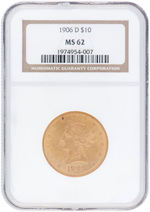 $10 LIBERTY HEAD EAGLE 1906-D GOLD COIN NGC MS62.