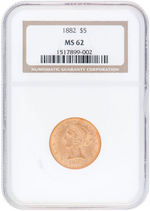 $5 LIBERTY HEAD 1882 GOLD COIN NGC MS62.