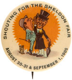 "SHOUTING FOR THE SHELDON FAIR" MULTICOLOR CARTOON EVENT BUTTON.