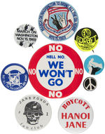 GROUP OF NINE ANTI-VIETNAM WAR BUTTONS.