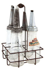 “WORTHMORE/WONDER/MARQUETTE/BOE” OIL BOTTLE QUARTET WITH CARRIER.