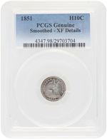 H10C 1851 SEATED LIBERTY HALF DIME PCGS GENUINE SMOOTHED XF DETAILS.