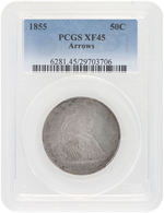 50C 1855 SEATED LIBERTY HALF DOLLAR PCGS XF45 W/ARROWS.