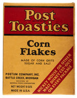 MICKEY MOUSE "POST TOASTIES CORN FLAKES" CEREAL BOX W/"MICKEY MOUSE LEARNING HOW TO SKATE" CUT-OUTS.