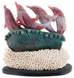 "BLOODSTONE" HELIOTROPE CARVED DOLPHINS STATUARY.