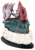 "BLOODSTONE" HELIOTROPE CARVED DOLPHINS STATUARY.