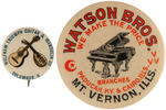 GUITAR, MANDOLIN, ORGAN, PIANO, HARMONICA GROUP OF FOUR EARLY ADVERTISING BUTTONS.