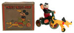 "MICKEY CYCLIST WITH PLUTO" RARE BOXED CELLULOID WIND-UP TOY.