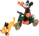 "MICKEY CYCLIST WITH PLUTO" RARE BOXED CELLULOID WIND-UP TOY.