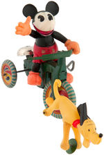 "MICKEY CYCLIST WITH PLUTO" RARE BOXED CELLULOID WIND-UP TOY.