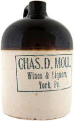 "CHAS. D. MOUL, WINES & LIQUORS - YORK, PA." STONEWARE JUG.