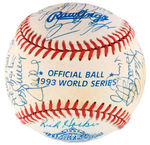 1993 WORLD SERIES CHAMPIONS TORONTO BLUE JAYS TEAM-SIGNED BASEBALL WITH 34 SIGNATURES.