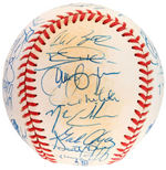 1993 WORLD SERIES CHAMPIONS TORONTO BLUE JAYS TEAM-SIGNED BASEBALL WITH 34 SIGNATURES.