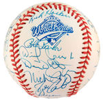 1993 WORLD SERIES CHAMPIONS TORONTO BLUE JAYS TEAM-SIGNED BASEBALL WITH 34 SIGNATURES.