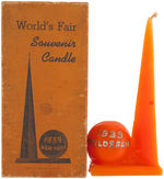 1939 NEW YORK WORLD'S FAIR COASTER SET PAIR & BOXED TRYLON & PERISPHERE FIGURAL CANDLE.