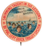 SWIMMING INSTRUCTOR AD BUTTON WITH CONEY ISLAND REFERENCE C. 1904.