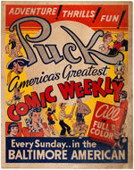 “PUCK AMERICA’S GREATEST COMIC WEEKLY” WWII PROMO SIGN WITH PHANTOM, DONALD DUCK, OTHERS.