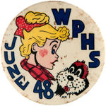 COMIC CHARACTER AGGI MACK SHOWN ON PHILADELPHIA SCHOOL BUTTON.