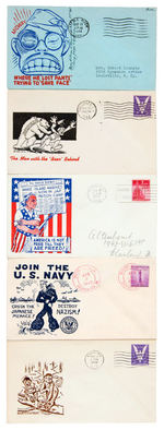 WWII ANTI-AXIS GROUP OF FIVE PATRIOTIC ENVELOPES WITH SCARCE AND EXCELLENT DESIGNS.