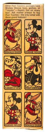 MICKEY MOUSE "POST TOASTIES CORN FLAKES" CEREAL BOX WITH DISNEY CARD GAME CUT-OUTS.