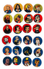 COMIC CHARACTERS GROUP OF 24 BUTTONS FROM SET WITH A COPYRIGHT SYMBOL AS THE ONLY TEXT.