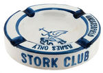 "STORK CLUB" GLAZED BLUE STONEWARE ASHTRAY.