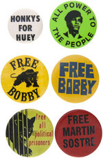 BLACK PANTHER BUTTONS INCLUDING HUEY NEWTON, BOBBY SEALE, AND MARTIN SOSTRE.