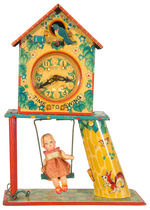 “SWING TIME” BOXED VARIETY WINDUP CLOCK WITH GIRL.