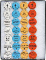 SEVEN 1976 LIBERTARIAN PARTY SLOGAN BUTTONS IN FOUR COLORS FROM THE LEVIN COLLECTION.