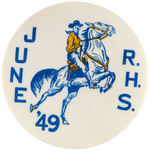 HIGH SCHOOL GRADUATION BUTTON SHOWING COWBOY ON HORSEBACK.