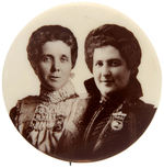 EARLY WOMAN'S SUFFRAGE BUTTON PICTURING LILLIAN HOLLISTER AND LULU RAMSEY.