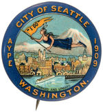 AYP EXPO BUTTON WITH INDIAN WOMAN FLYING OVER SEATTLE HOLDING “I DO” FLAG.