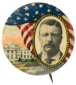 THEODORE ROOSEVELT WITH DRAPED FLAG AND WHITE HOUSE CHOICE COLOR BUTTON BY BALTIMORE BADGE.