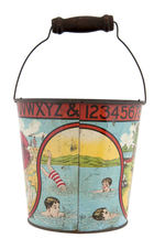 CHILDREN AT PLAY EARLY CANADIAN TIN SAND PAIL.