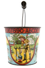 CHILDREN AT PLAY EARLY CANADIAN TIN SAND PAIL.