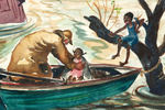 MARGARET BRADFIELD ORIGINAL PAINTING DEPICTING FLOOD RESCUE.