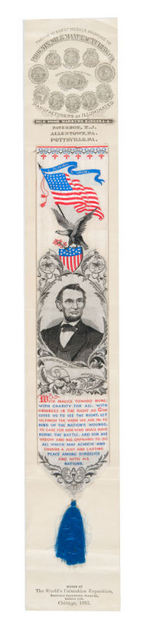 SOUVENIR “WOVEN AT THE WORLD’S COLOMBIAN EXPOSITION” 1893 LINCOLN RIBBON.