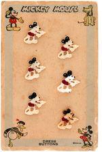 1930s MICKEY CLOTHING BUTTONS PLUS PINS INCLUDING DONALD ON CARDS.