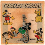 1930s MICKEY CLOTHING BUTTONS PLUS PINS INCLUDING DONALD ON CARDS.