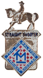 TOM MIX PAIR OF MEMBER BADGES FOR "STRAIGHT SHOOTER" RANK AND A HIGHER RANK "WRANGLER" BADGE.