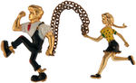 LI'L ABNER EARLY HIGH SCHOOL BUTTON PLUS ABNER AND DAISY LARGE BRASS JEWELRY FIGURES.